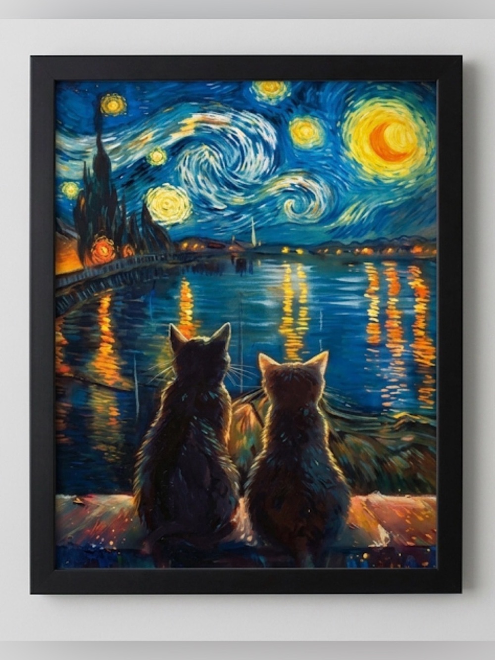 Van Gogh Starry Night Cat Framed 8x10” Wall Art